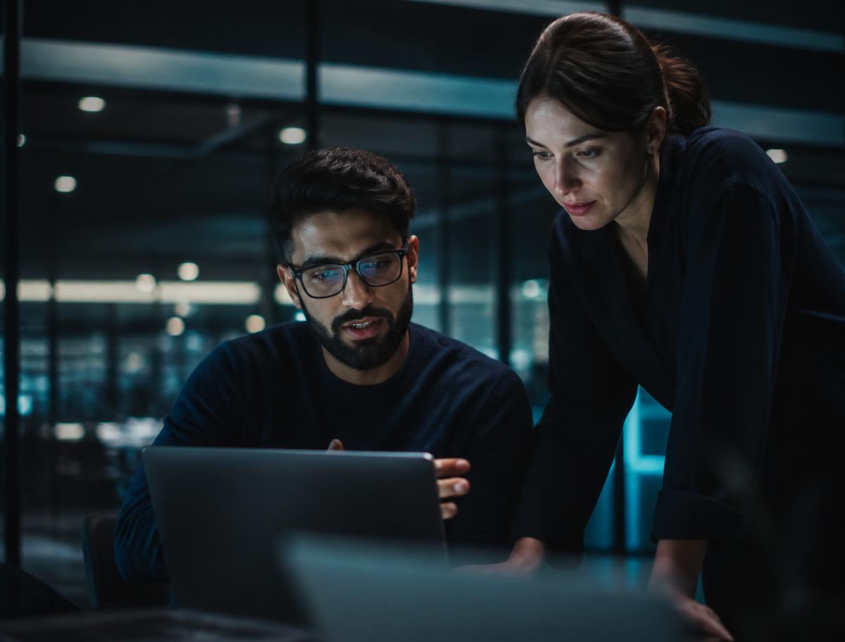 Two GuardExis IT specialists reviewing a client environment on a laptop